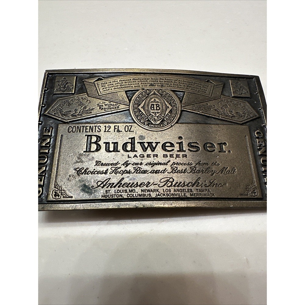 Vintage Brass Budweiser Anheuser Busch Belt Buckle 12oz Label  A-168